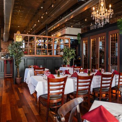 Interior, set tables, chairs, lighting.