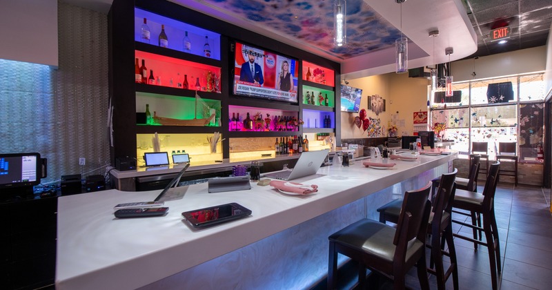 Interior, sushi bar, stools, drink rack