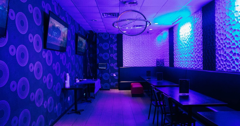 Interior, blue lit seating area