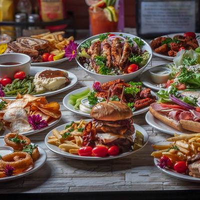 Colorful spread of assorted dishes.