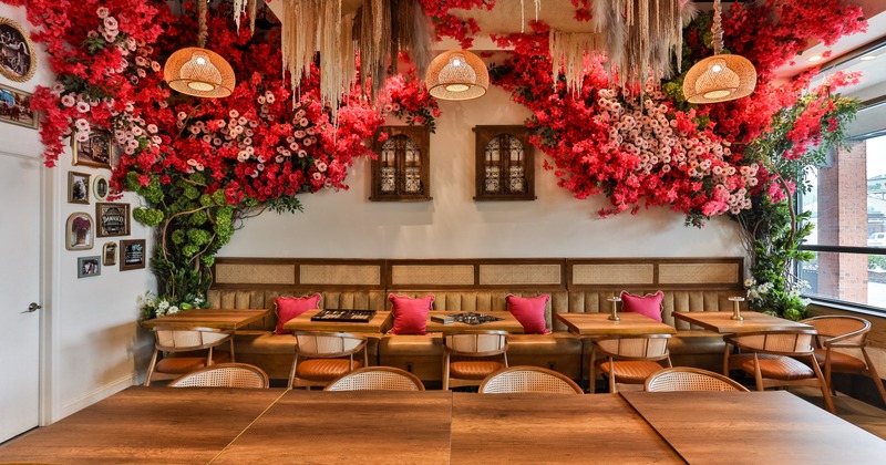 Diner area, tables and chairs, wide view