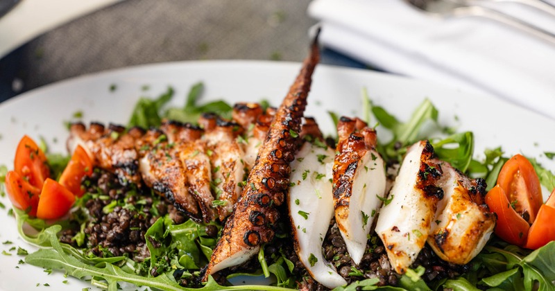 Grilled octopus served over greens