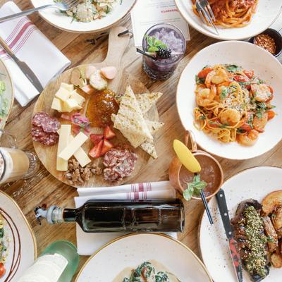Assorted dishes and drinks, top view