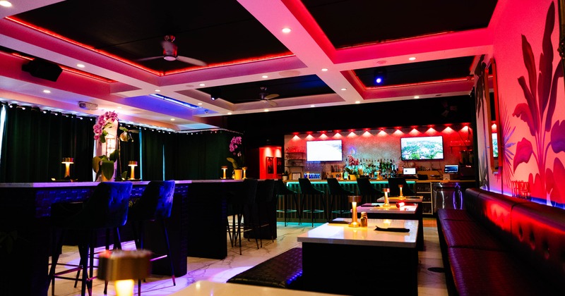 Interior, main dining area with neon lights