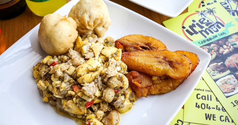 Ackee and Saltfish, with fried plantains and dumplings