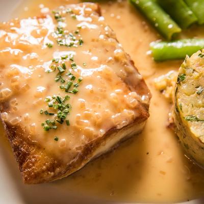 Pan seared halibut served, close-up