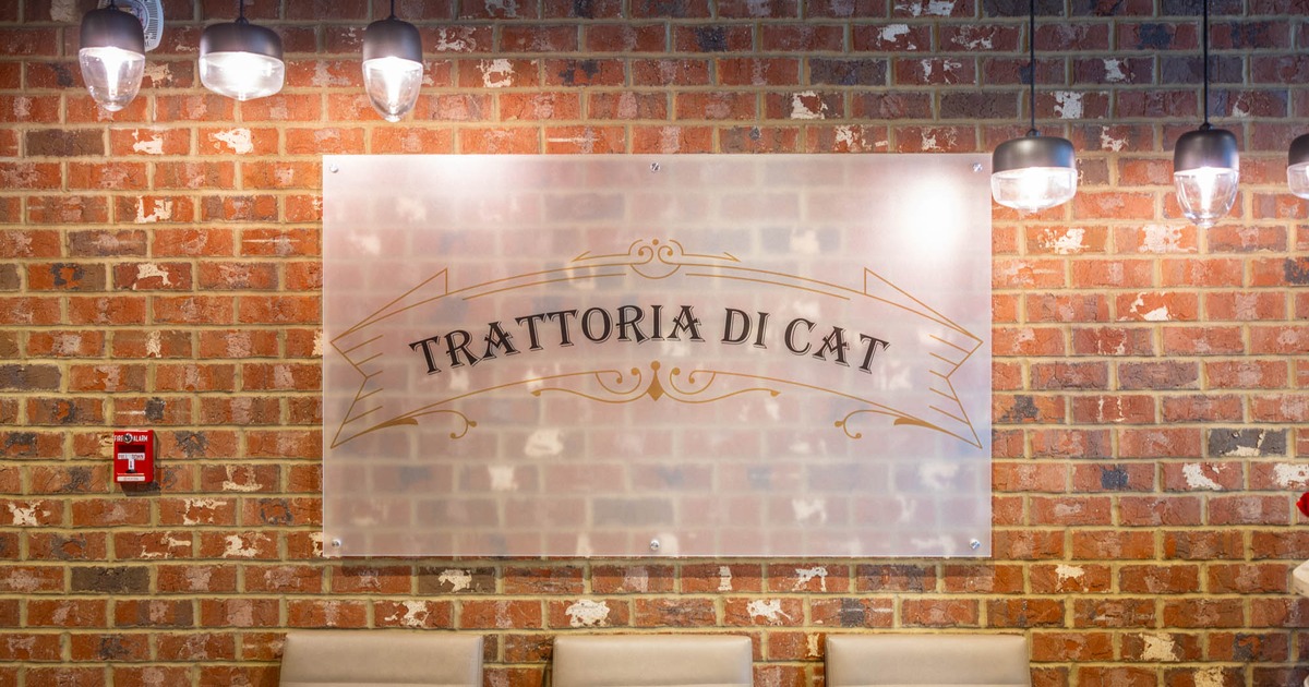 Trattoria di Cat sign on a brick wall