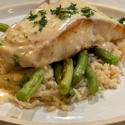 Seabass with Lemon butter and basmati rice.