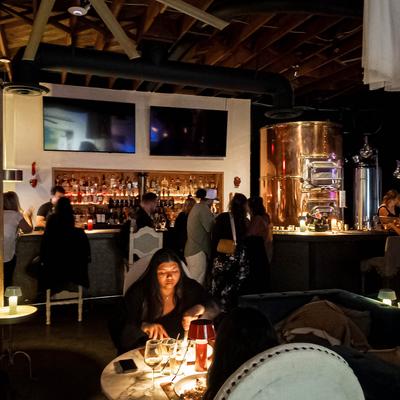A dimly lit bar, featuring a glossy copper tank, guests sitting at a counter and tables.