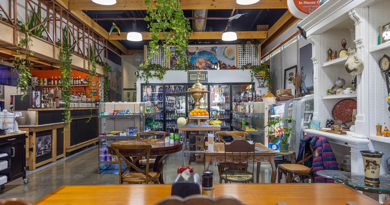 Interior, seating place with bar in the background