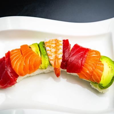 The Rainbow roll, overhead view.