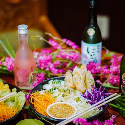 Food and beverages served on table