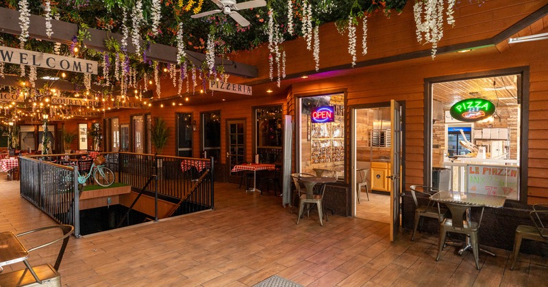 Seating area and tables placed along the walls