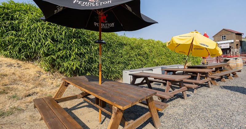 Outdoor seating area with wooden conjoined tables and benches and parasols