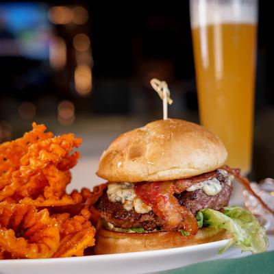 Cheeseburger with BLT, roasted garlic aioli and waffle fries