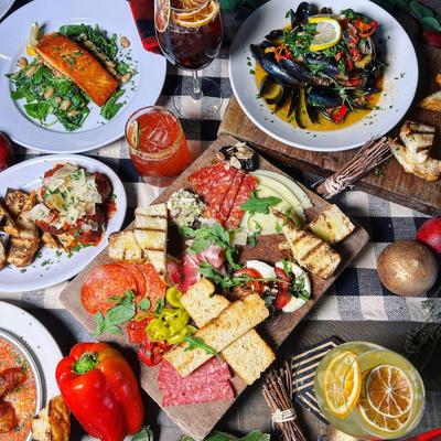 Assortment of food and drinks, overhead view.