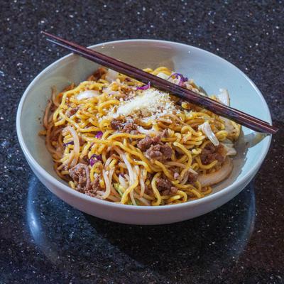A bowl of Beef ramen noodles.