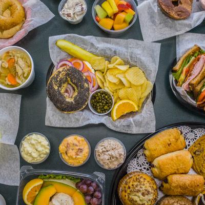 A variety of dishes placed on a table, top view.