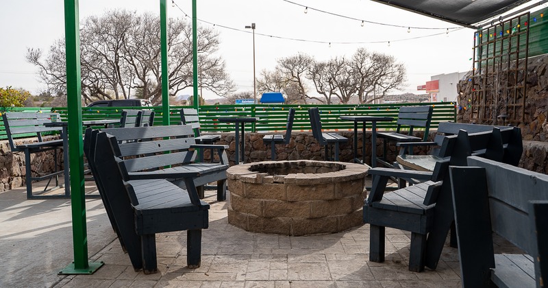 Exterior, garden patio, seating place, benches, armchairs, fire pit