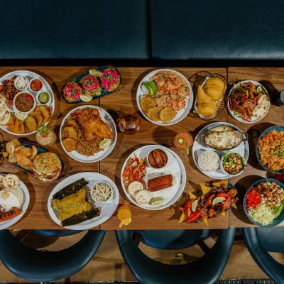 Assorted dishes on a table, top view.