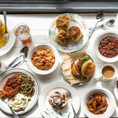 Various dishes served on a table, top view.