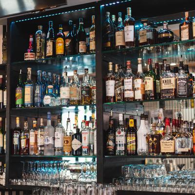 Assorted bottles and glasses.