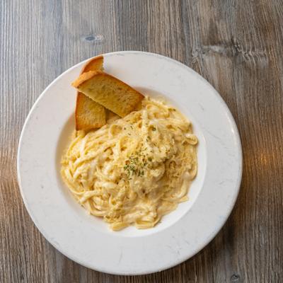 Pasta alfredo, top view.