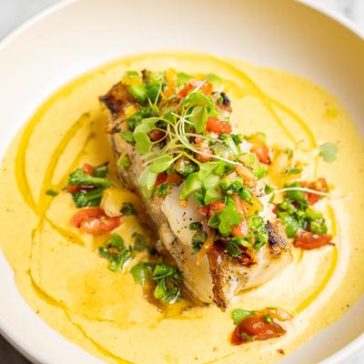 Pan-seared fish with saffron puree.