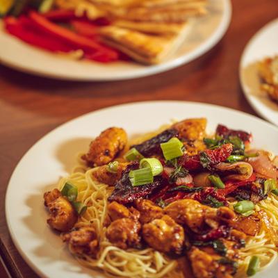 Sauteed chicken breast, basil, spinach, pesto and pasta