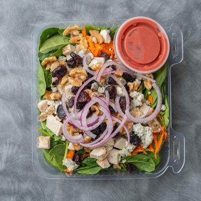 Garden Of Eden Salad, with raspberry vinaigrette, top view.