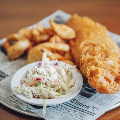 Fish and chips with a salad.