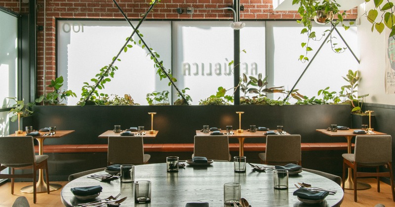 Diner area, tables, chairs, booths behind