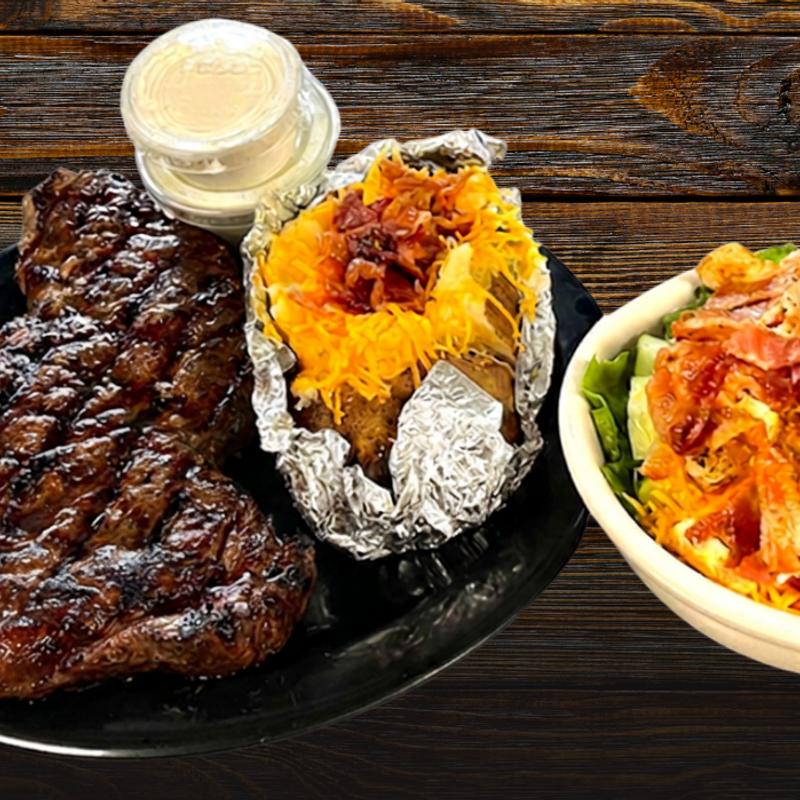 menu item 46 of 46, Steak Night 16oz NY Strip, Side Salad, Baked Potato