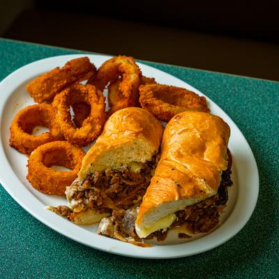 Philly Steak and onion rings.