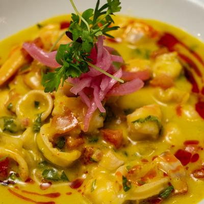 A closeup on a served ceviche.