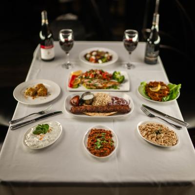 Assorted food and wine.