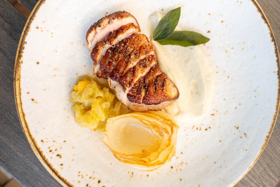 Wood-Roasted Duck Breast- over a sunchoke purée with butter-braised onions, grape relish, and a bourbon-honey glaze