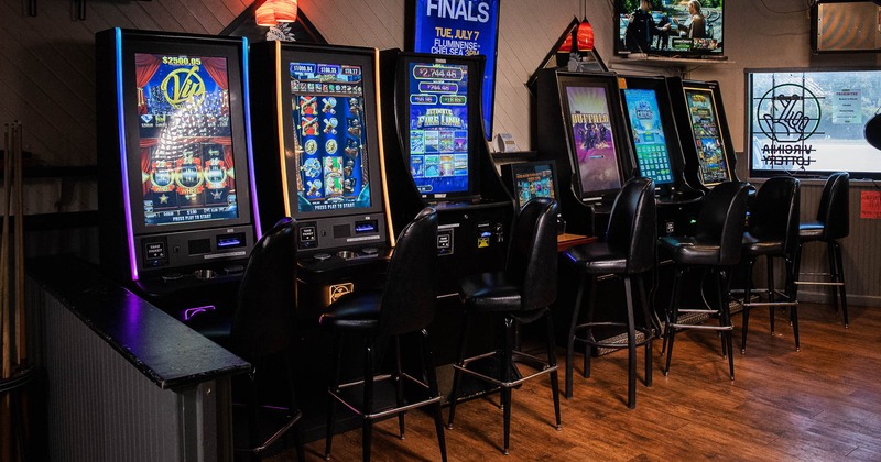Interior, high chairs and slot machines