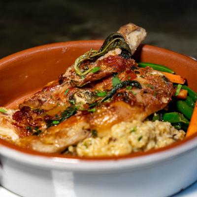 Pork chop saltimbocca dish.