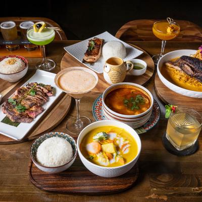 Assorted food and drinks.