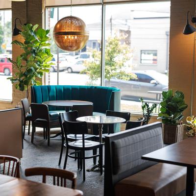 The interior, tables and chairs.