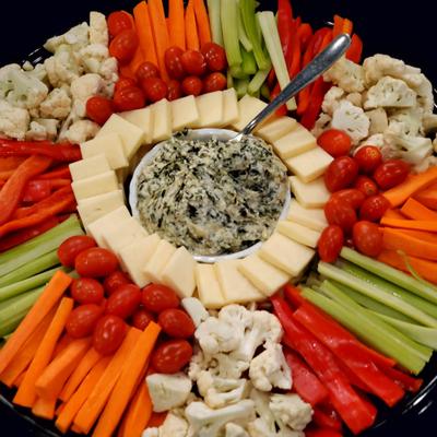 Vegetable and cheese crudités platter arranged with a central bowl of creamy dip.