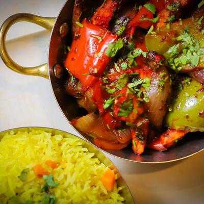 Chili Chicken, bowl of rice.