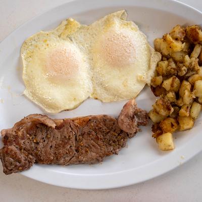 Steak and eggs.