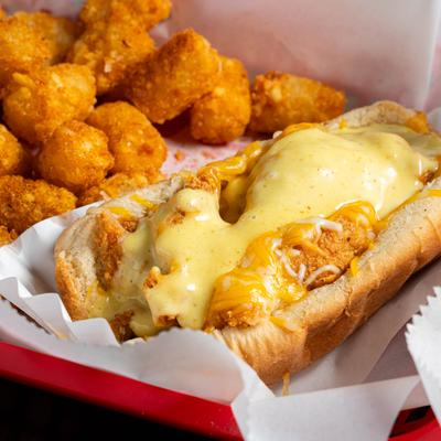 Bird Dog Sandwich with tater tots.