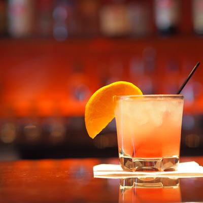 A drink on the counter.