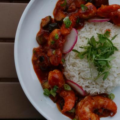 Shrimp in spicy sauce, with rice, cilantro, scallions, and radish.