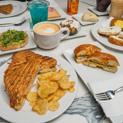 Assorted food and drinks.