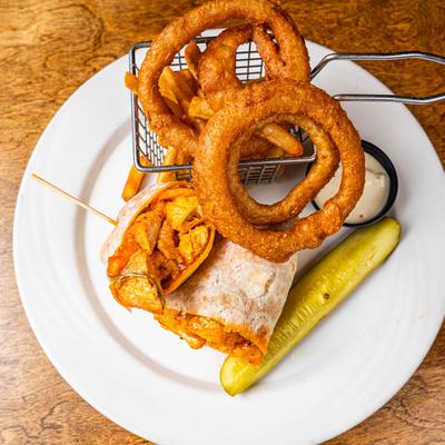 Buffalo chicken wrap and onion rings.