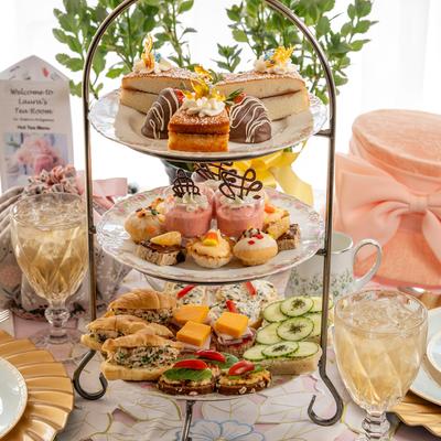 Tea Party tray with wine and dishes.